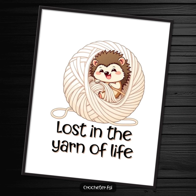 Funny Free Printable Wall Art showcasing a delighted hedgehog rolling contently inside a massive, unraveled ball of yarn, bringing whimsical decor.