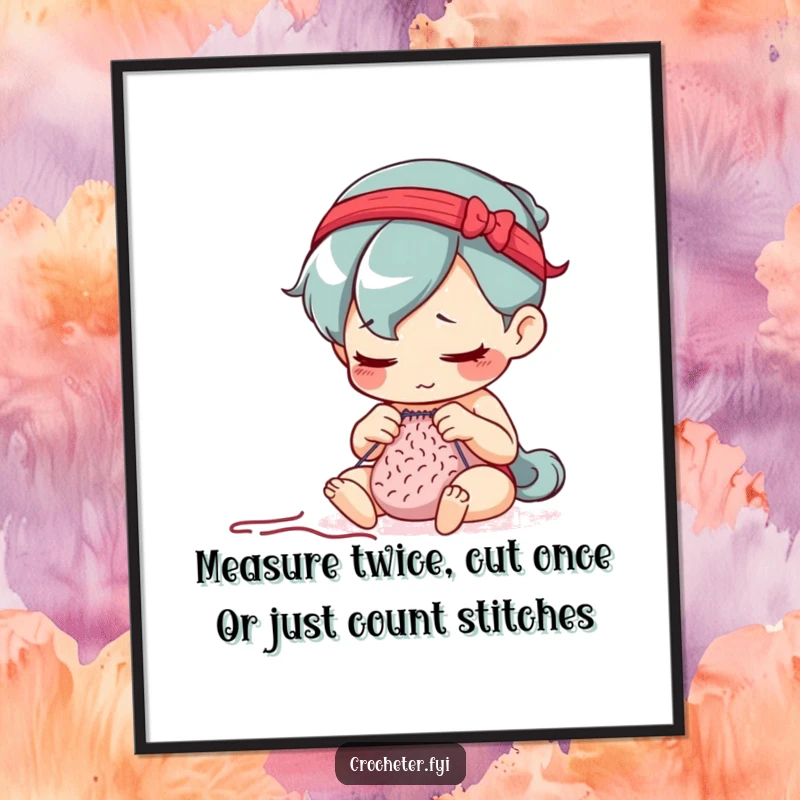 Funny Free Printable Wall Art: Determined character with focus, diligently counting knitting stitches, perfect for craft rooms.