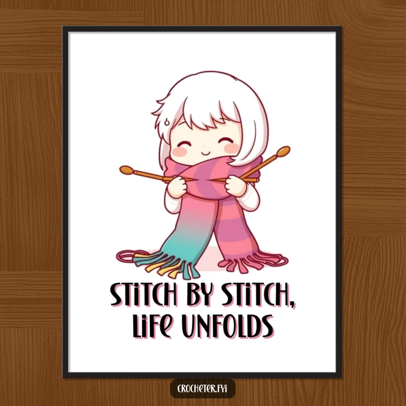 Funny Free Printable Wall Art: A smiling character intently knitting a long, vibrant scarf with large needles.