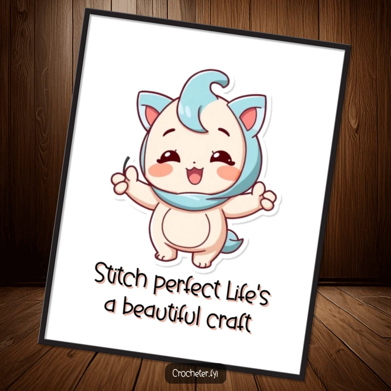 Funny free printable wall art depicting a joyful character proudly holding up a perfect stitch, celebrating skill and happiness.