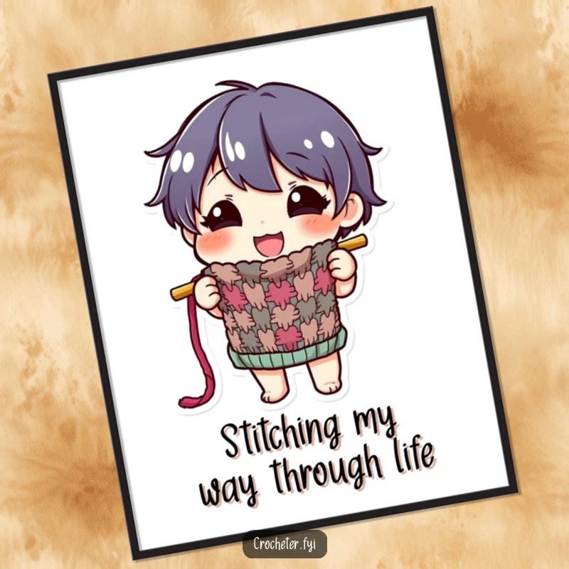 Funny Free Printable Wall Art: A happy character proudly displaying a colorful, half-finished knitted item with a proud smile.