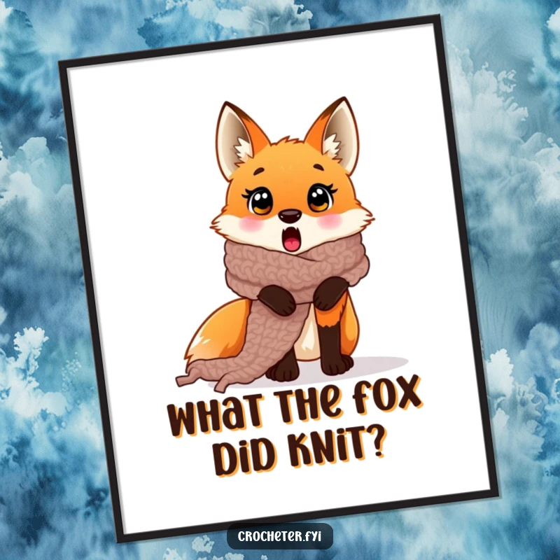 Funny free printable wall art illustration of a surprised fox comically trapped within a giant crocheted scarf it accidentally made, a humorous decor piece.