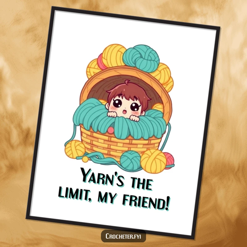 Funny Free Printable Wall Art: Surprised character staring at an enormous, overflowing basket of yarn, perfect for crafters.