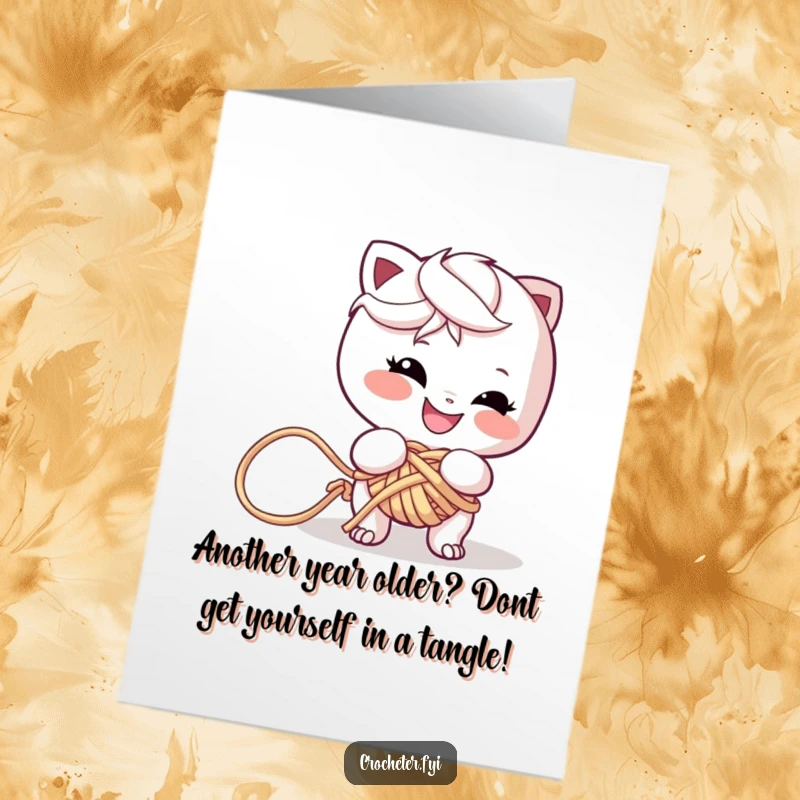 Funny Free Printable Birthday Card: Playful character with a naughty grin tangling knitting yarn into a huge knot.