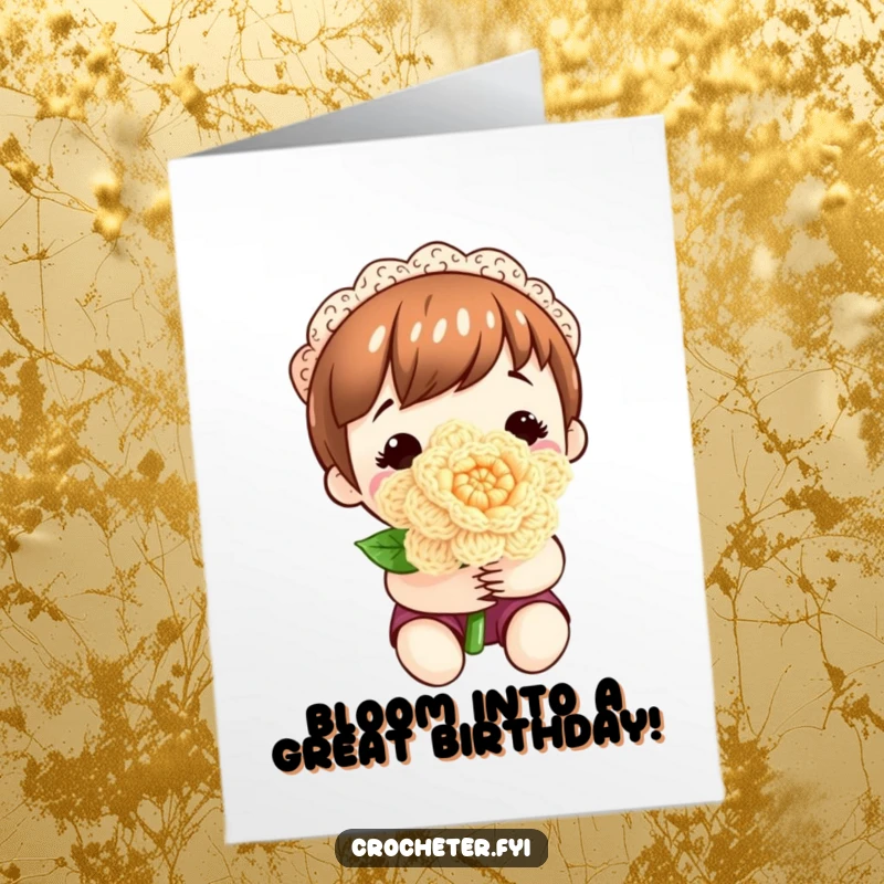 Sweet Free Printable Birthday Card: Contented character proudly holding a perfect, hand-crocheted flower with colorful petals.