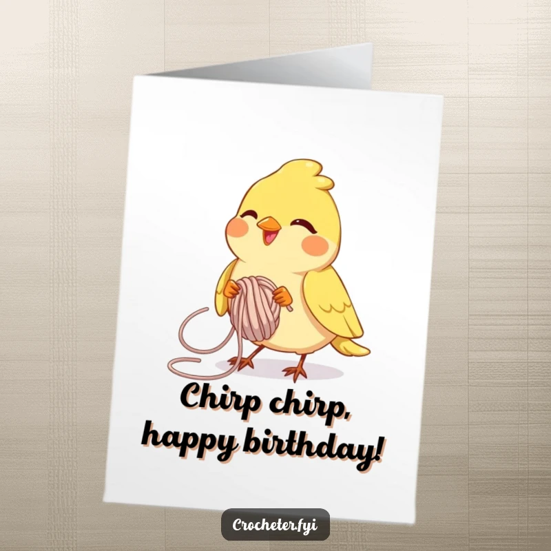 Funny Free Printable Birthday Card: Joyful bird deftly looping yarn with determined focus, great for DIY celebration