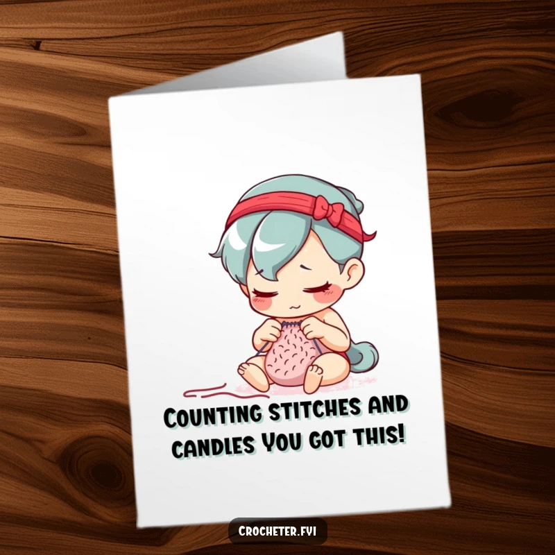 Funny Free Printable Birthday Card: Determined character intensely counting knitting stitches with a very focused expression.
