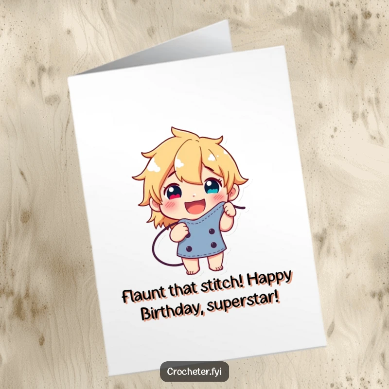 Funny Free Printable Birthday Card: Happy character proudly displaying a flawless knitting stitch, beaming with success.