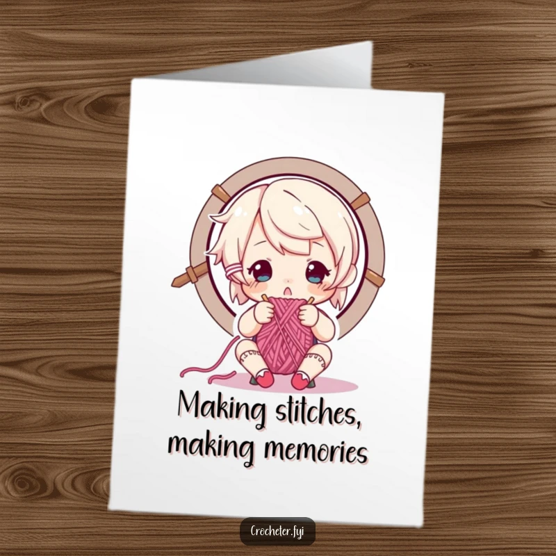 Funny Free Printable Birthday Card: A concentrated character meticulously threads yarn through a needle’s eye, a moment of intense crafting.