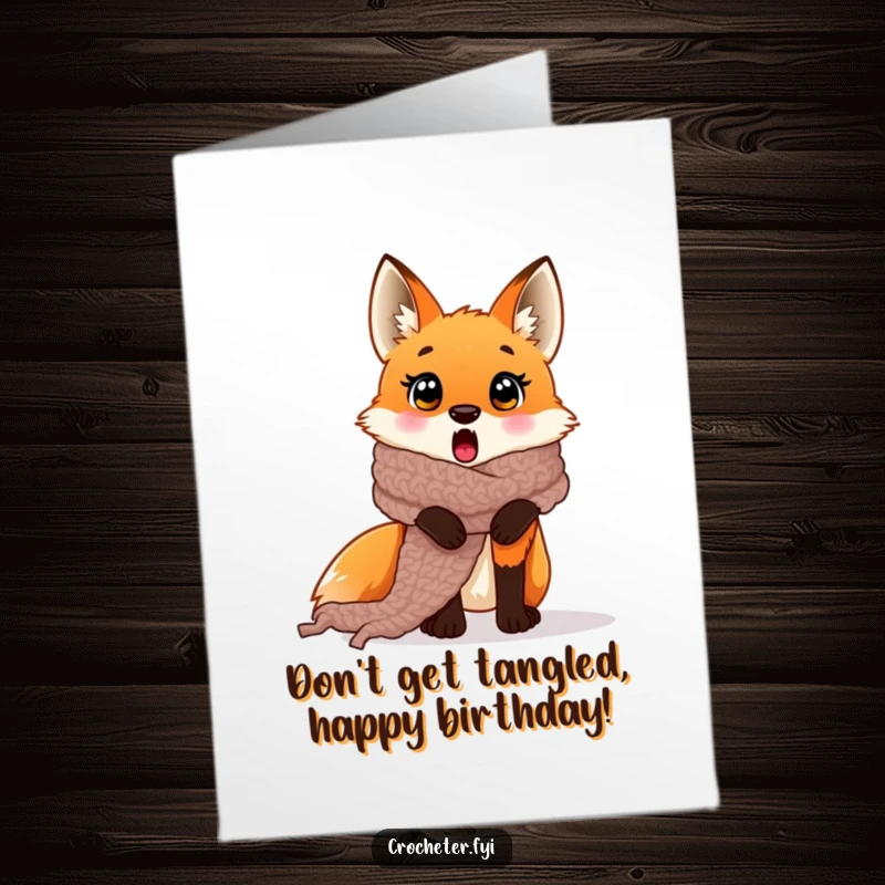 Funny free printable birthday card featuring a surprised fox comically stuck in a giant crocheted scarf it accidentally made, a humorous birthday wish.