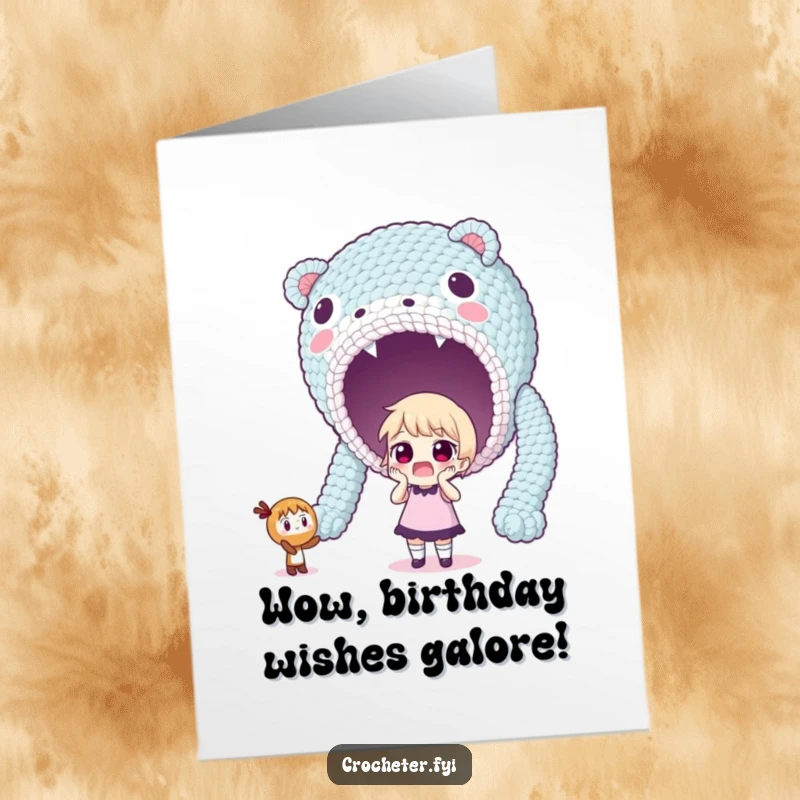 Funny Free Printable Birthday Card: Surprised character staring in awe at a comically gigantic crocheted blanket or toy.