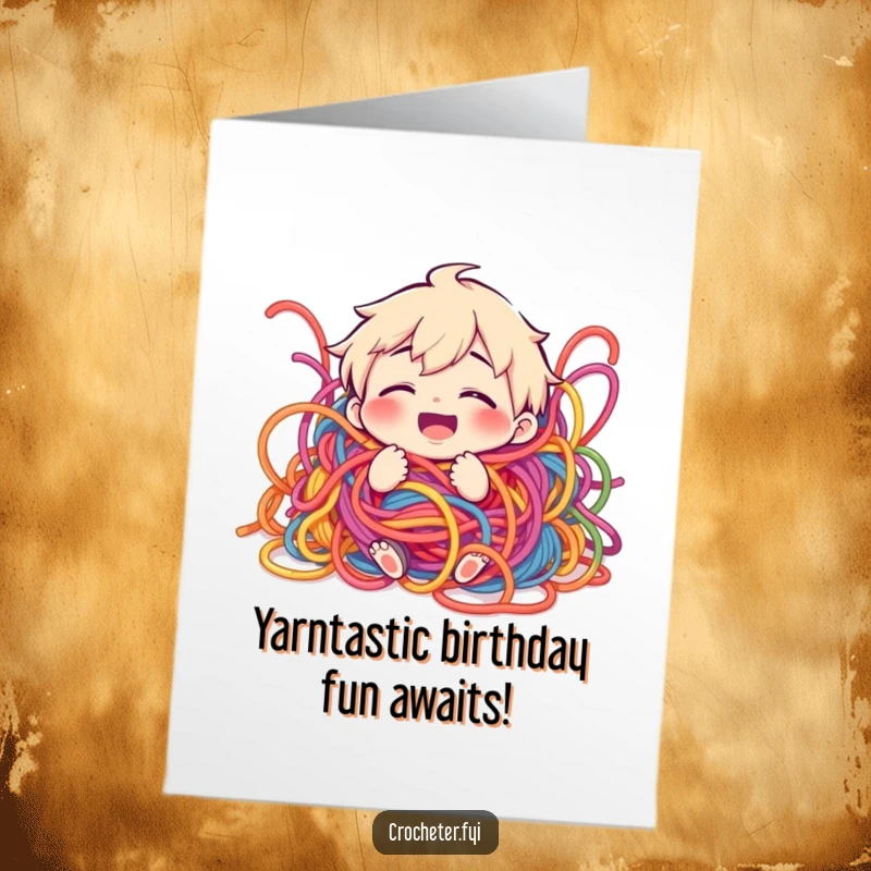 Funny Free Printable Birthday Card: Giggling cartoon character stuck in a vibrant, chaotic tangle of colorful yarn.