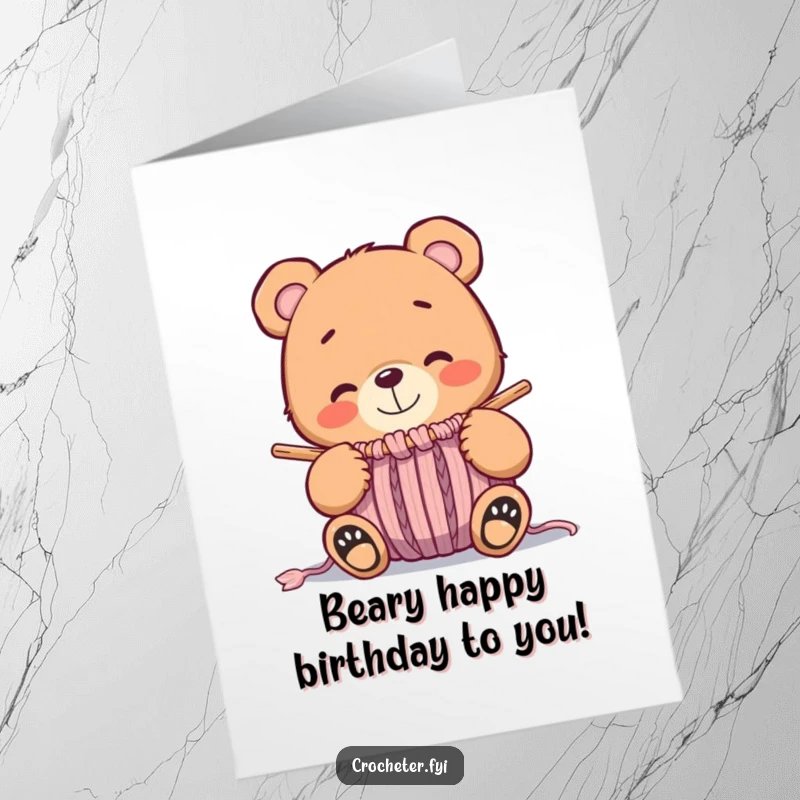 Funny Free Printable Birthday Card: Whimsical bear smiling at a nearly finished knitted item, great for DIY celebration