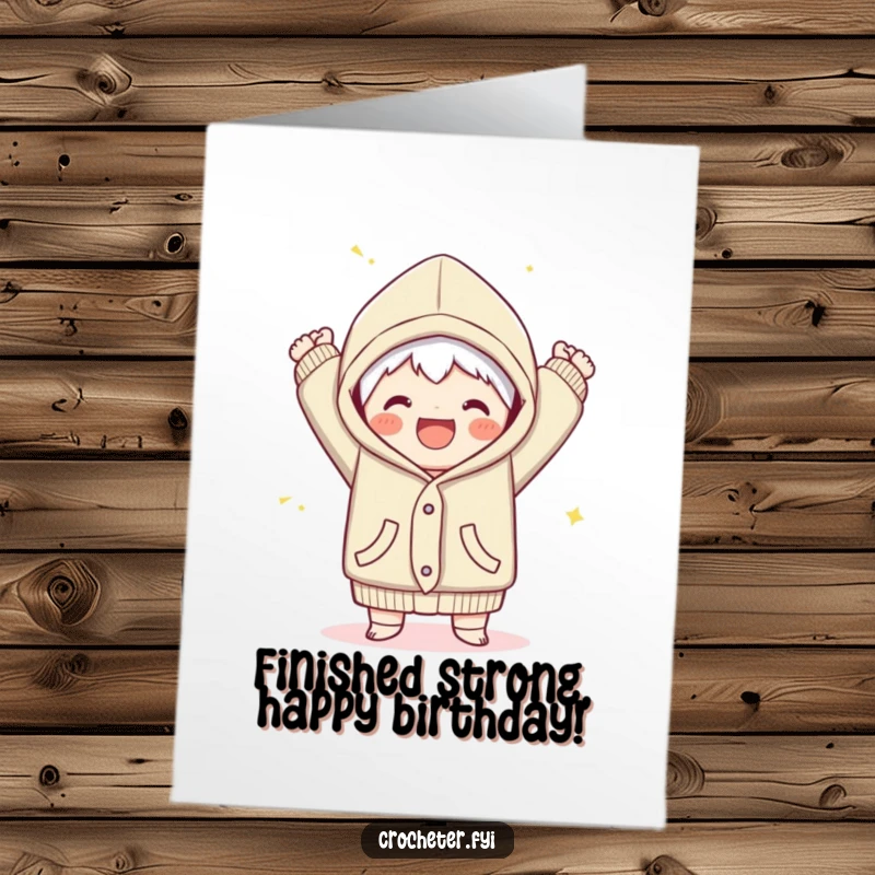 Funny Free Printable Birthday Card of a joyful character proudly finishing a cozy garment with a flourish.