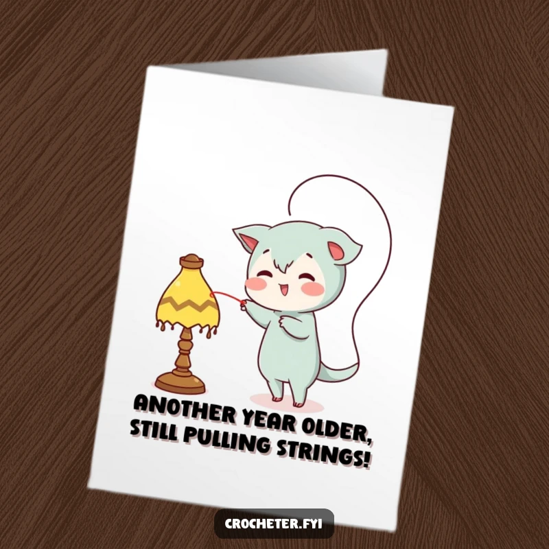 Funny Free Printable Birthday Card: Mischievous character cleverly loops thread around a lamp, a playful birthday surprise.