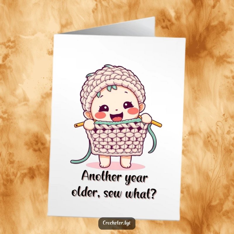 Funny Free Printable Birthday Card: Happy character enthusiastically demonstrating a complex crochet stitch, celebrating crafting skills.