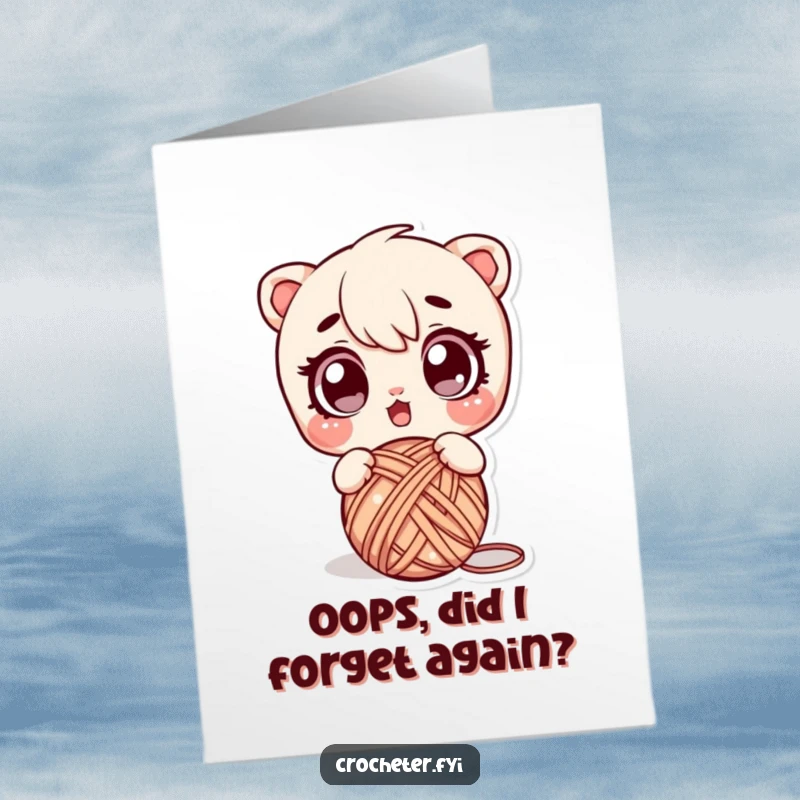 Funny Free Printable Birthday Card featuring a wide-eyed character who just dropped a yarn ball in shock.