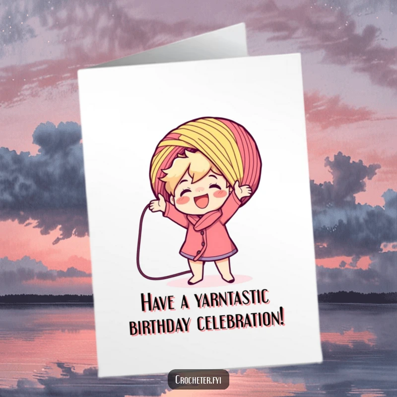 Funny Free Printable Birthday Card showing a happy character enthusiastically casting a large, colorful yarn ball, full of playful spirit.