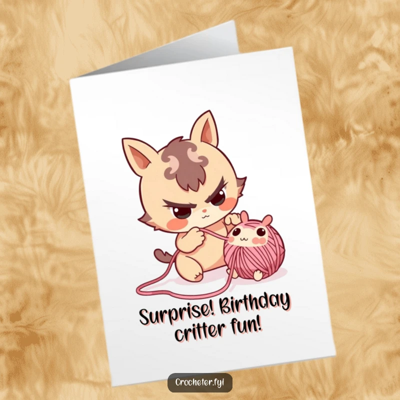 Mischievous Free Printable Birthday Card: Naughty character pilfering a tiny, cute yarn creature from a craft project.