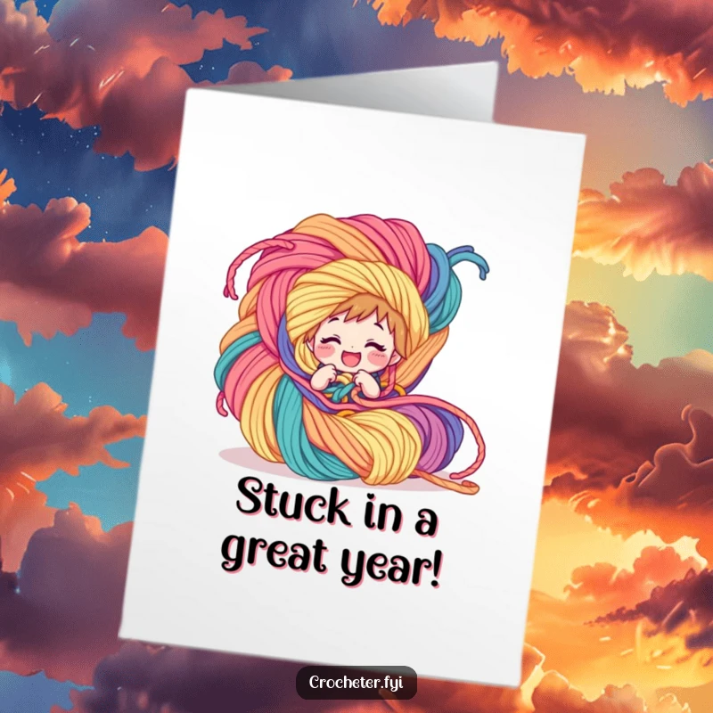 Funny Free Printable Birthday Card: A giggling character comically tangled in a massive, colorful yarn creation, wishing happy birthday.