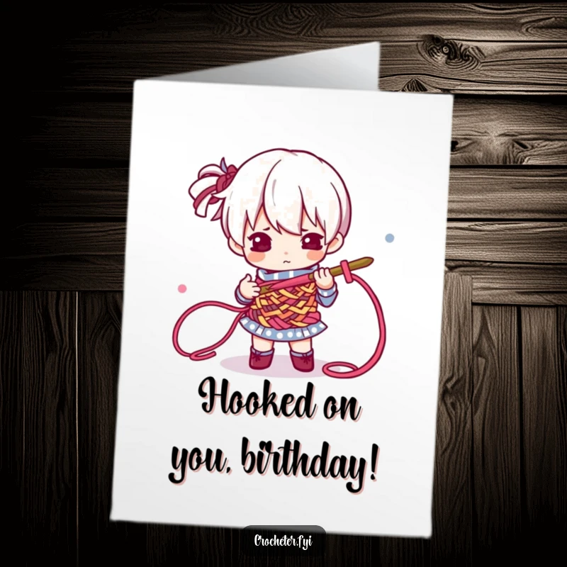 Funny free printable birthday card of a determined character fiercely crocheting with colorful threads, ready to celebrate.