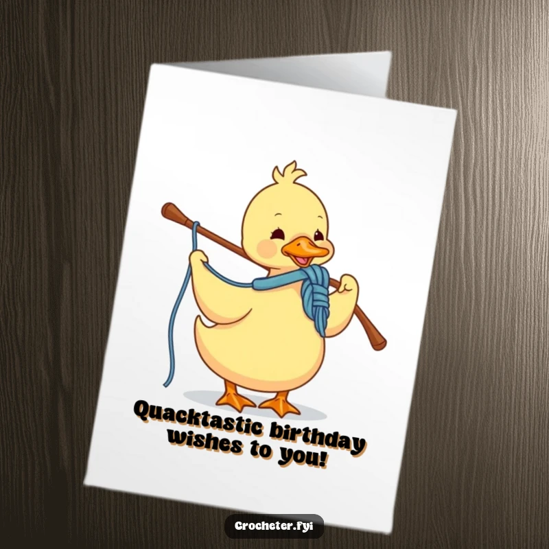 Funny Free Printable Duck Birthday Card: An energetic duck using a crochet hook to enthusiastically loop a ball of yarn.