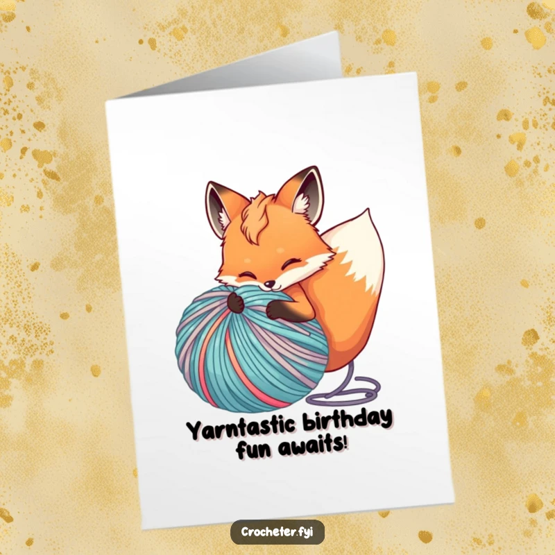 Funny Free Printable Fox Birthday Card: A joyful fox unraveling a massive ball of colorful yarn, ready to celebrate.