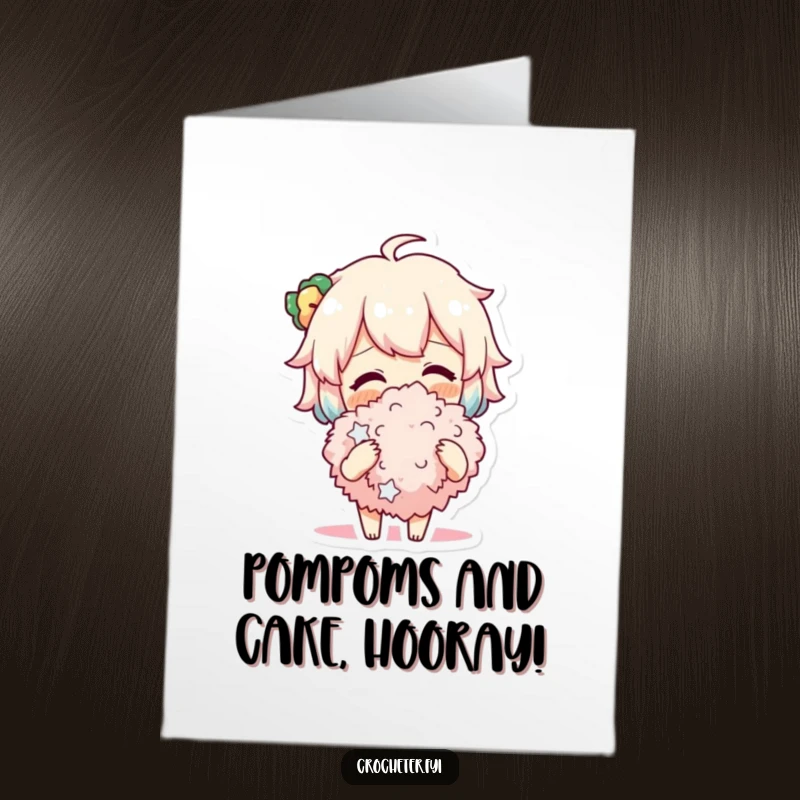 Funny free printable birthday card of a cheerful character proudly admiring a perfectly fluffy pompom they just made.