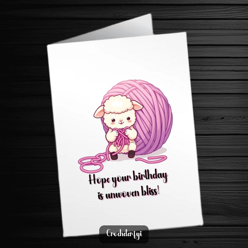 Funny Free Printable Birthday Card: A small, fluffy sheep looks flustered while trying to knit a giant, tangled ball of yarn.