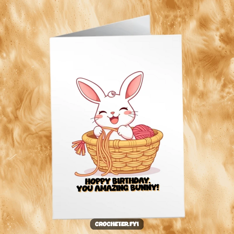 Funny free printable birthday card: a joyful rabbit grinning as it pulls a long yarn string from a basket, ready for fun.