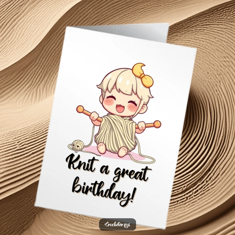 Funny Free Printable Birthday Card: Happy character enthusiastically knitting, looping yarn with large needles.