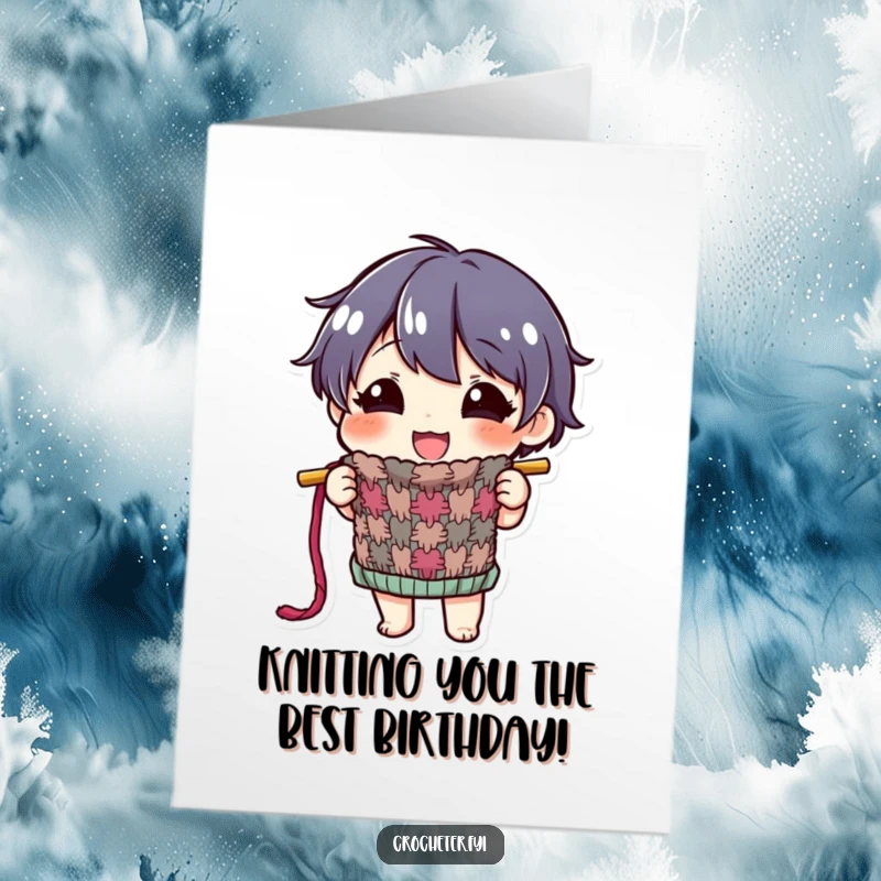 Funny Free Printable Birthday Card: Happy character proudly showing off a colorful, incomplete knitted item with pride.