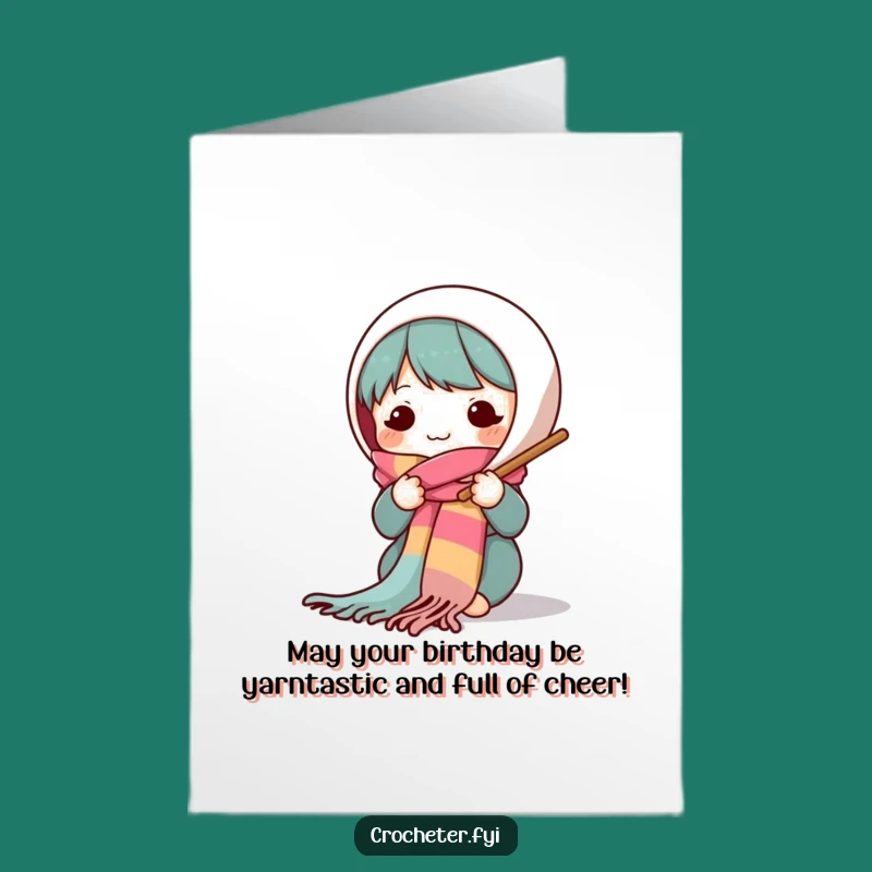 Free Printable Knitting Birthday Card: Cute Character Makes Colorful Scarf - Funny Downloadable Gift