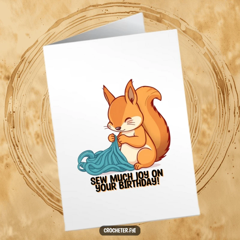 Funny Free Printable Birthday Card: Adorable squirrel meticulously focused on sewing a new stitch, ready to bring birthday cheer.