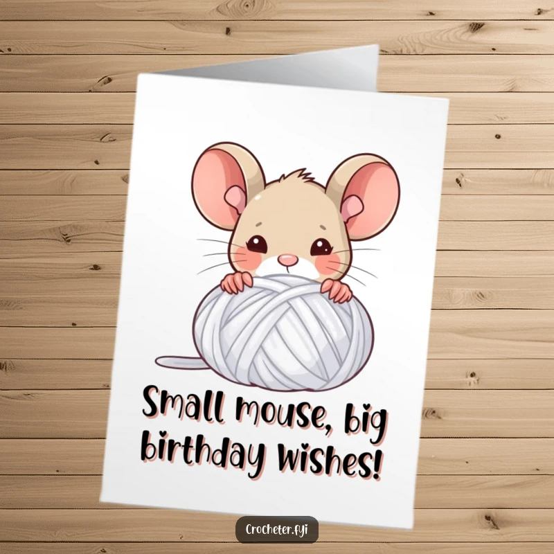 Funny Free Printable Mouse Birthday Card: A triumphant mouse peeking from behind a comically large ball of yarn, celebrating.
