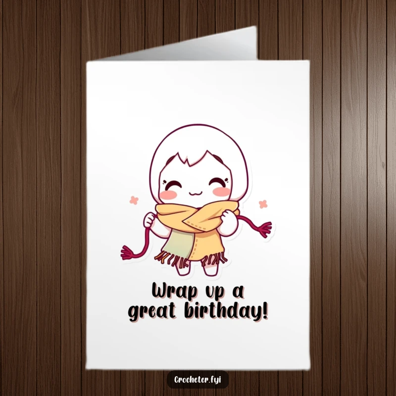 Funny Free Printable Birthday Card of a smiling character busily knitting a colorful scarf from yarn.