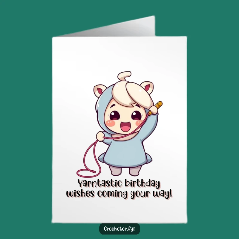 Free Printable Birthday Card: Cheerful Crocheter Pulling Thread, Funny Downloadable Gift!