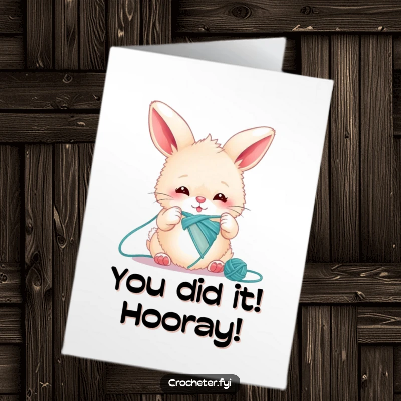 Free Printable Congratulations Card: Enthusiastic bunny knitting a single thread, symbolizing a successfully completed task, perfect for congrats.
