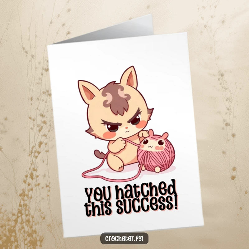 Playful Free Printable Congrats Card: A mischievous character sneakily pulling a small, adorable yarn animal from a knitting project.