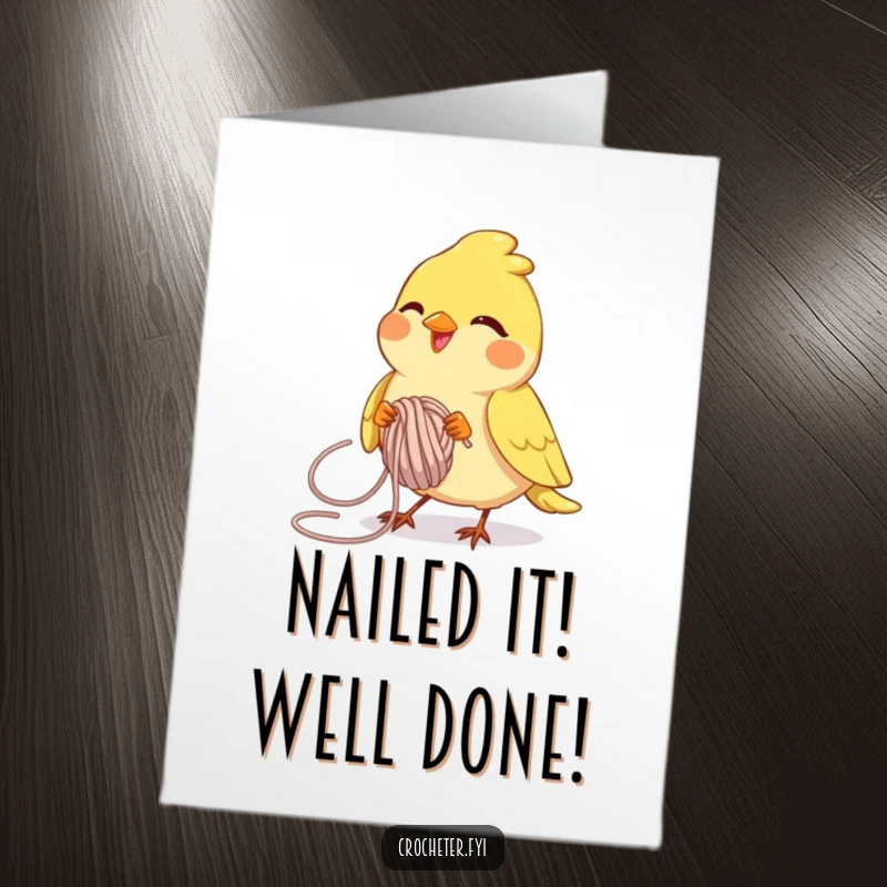 Funny Free Printable Congrats Card: Joyful bird deftly looping yarn with determined focus, ideal for DIY celebration