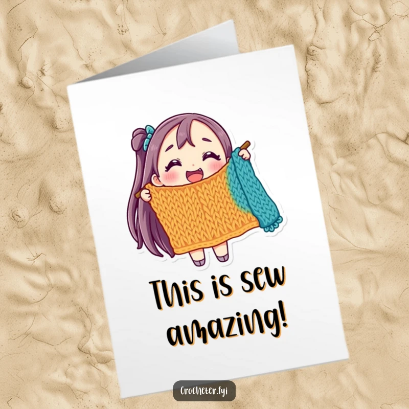 Funny Free Printable Congratulations Card: A beaming character proudly displays a colorful, in-progress knitted masterpiece, celebrating accomplishment.