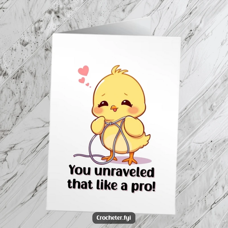 Funny Free Printable Congratulations Card showing a cheerful chick happily tangled in a huge ball of yarn, ideal for DIY gifting.