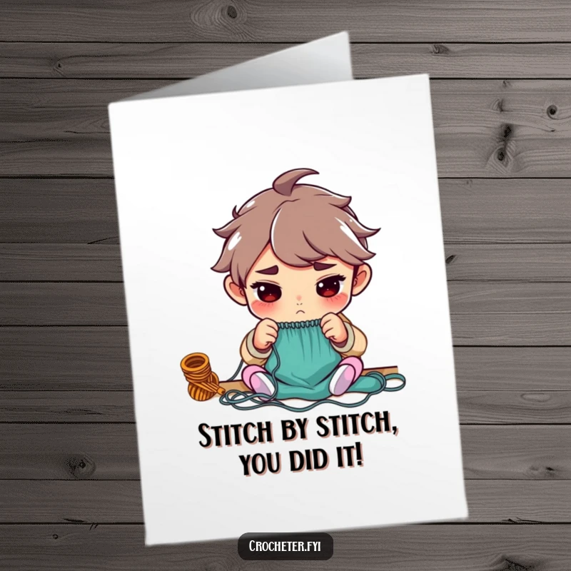 Funny free printable congratulations card with a determined character expertly counting stitches, celebrating a completed project with focus.