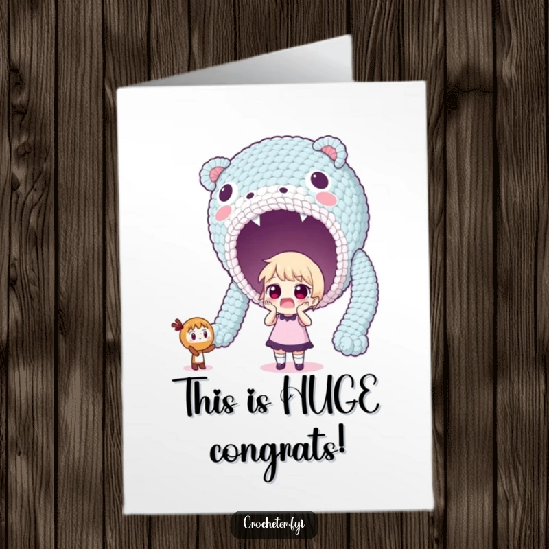 Funny Free Printable Congrats Card: A wide-eyed character looking shocked at an unexpectedly enormous crocheted creation.
