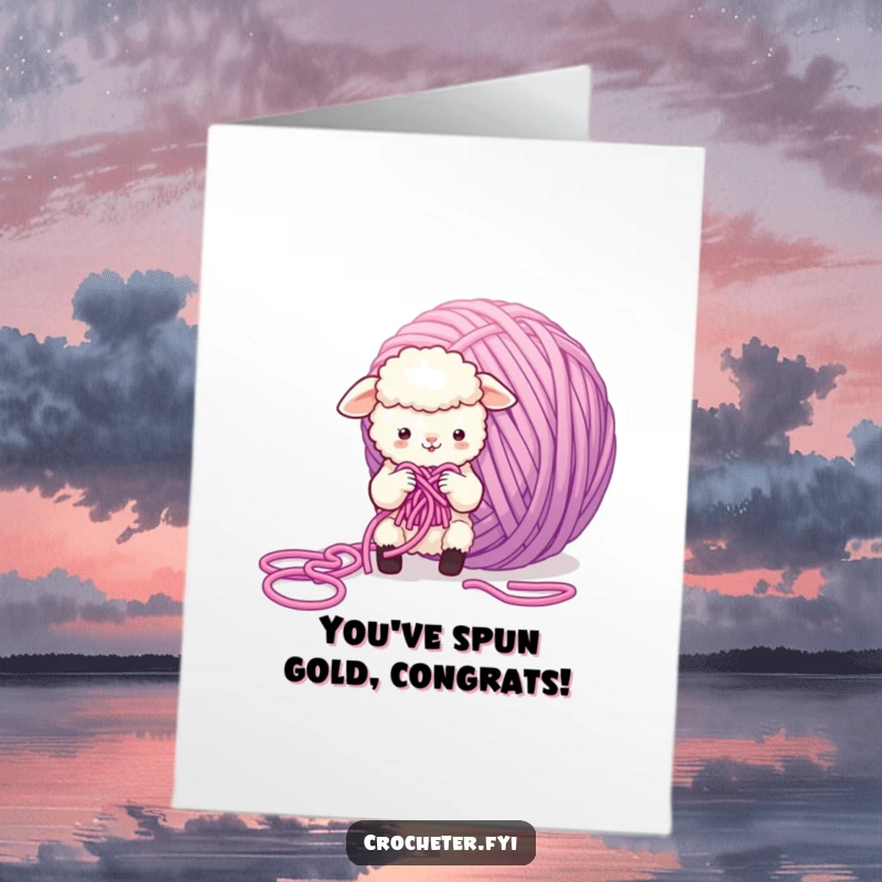 Funny Free Printable Congratulations Card: A fluffy sheep heroically battles a giant, tangled mess of yarn while knitting.