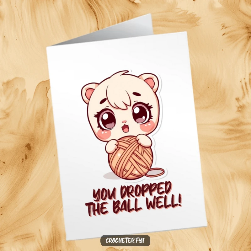 Funny Free Printable Congratulations Card showing a surprised character fumbling a ball of yarn.