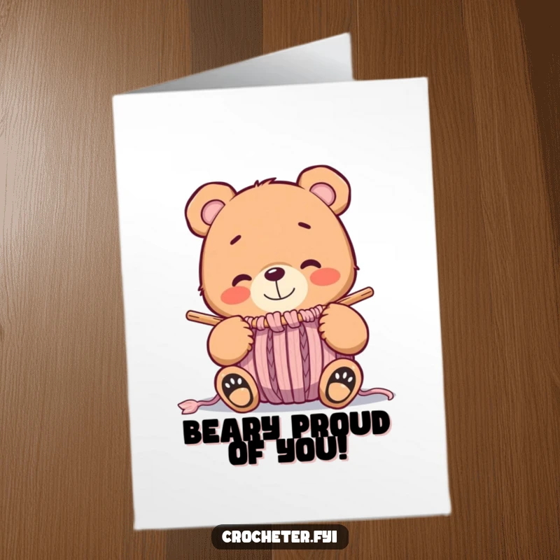Funny Free Printable Congrats Card: Whimsical bear smiling at a nearly finished knitted item, ideal for DIY celebration