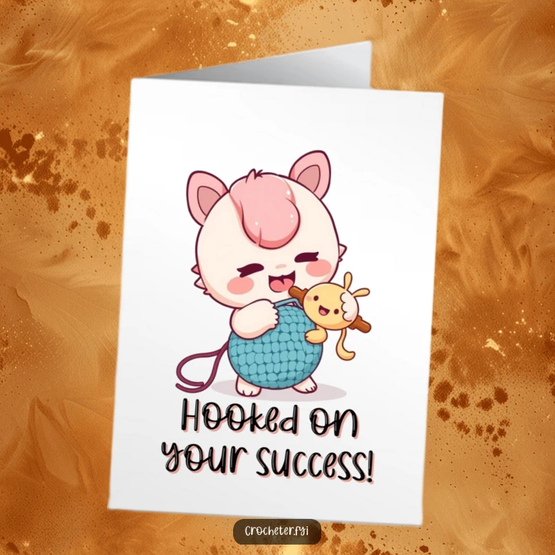 Funny Free Printable Congratulations Card: A mischievous character playfully tickling a friend with a crochet hook, celebrating success with laughter.