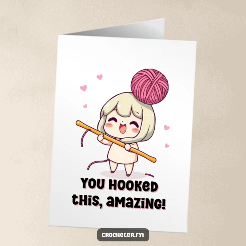 Funny Free Printable Congratulations Card showing a lively character having fun bobbing yarn in the air with a crochet hook.