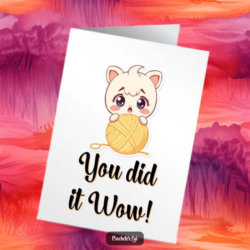 Funny Free Printable Congratulations Card: A shocked character loses grip on a yarn ball, perfect for celebrating any occasion.